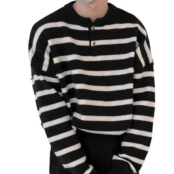 comerut Men Winter Striped Print Sweater Buttons Neckline Knitted Pullover O-neck Long Sleeve Warm Jumper Streetwear
