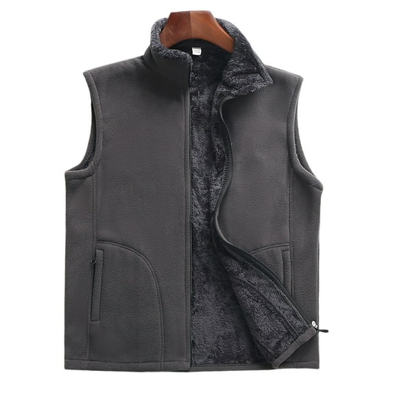 comerut Men Winter Vest Fleece Solid Color Sleeveless Turn-down Collar Cardigan Warm Soft Plus Size Winter Waistcoat for Hiking