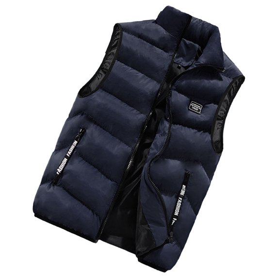 comerut Men Winter Vest Stand Collar Thickened Padded Soft Windproof Warm Neck Protection Solid Color Sleeveless Zipper Closure Strap Decor Pockets Men Down Waistcoat