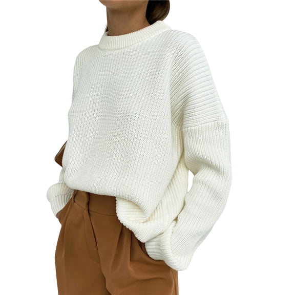 comerut O-Neck Long Sleeves Ribbed Trim Coarse Yarn Sweater Jumper Winter Solid Color Loose Warm Pullover Sweater Female Clothing