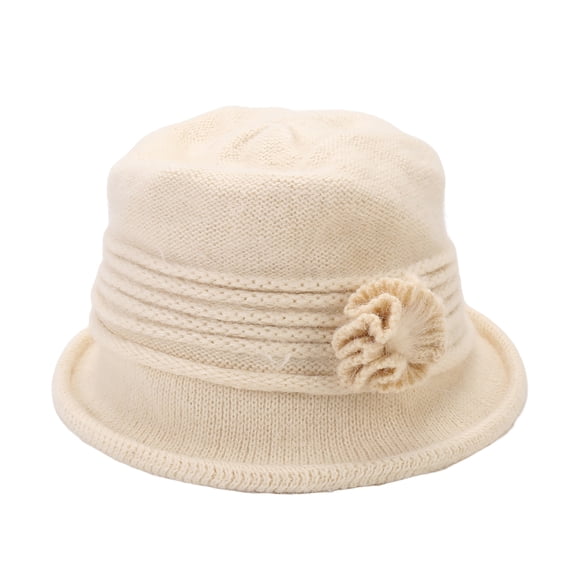 comerut Solid Color Wide Brim Round Dome Bucket Hat Winter Elegant Flower Decor Mother Knitted Warm Hat Fashion Accessories