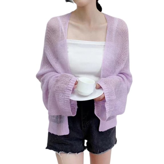 comerut Summer Sun Protective Coat Open Stitch Cardigan Loose Solid Color Knitted Long Sleeves Office AC Warm Shawl Outdoor Anti-UV Jacket