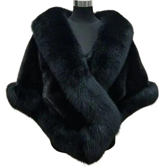 comerut Thickened Warm Solid Color Fluffy Cape Coat Women Winter Faux Mink Fox Fur Shawl
