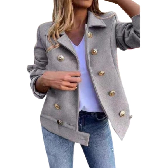 comerut Turn-down Collar Women Coat Double Breasted Autumn Winter Solid Color Warm Suit Coat Outerwear