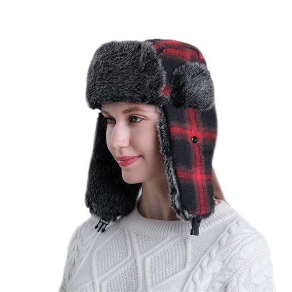 comerut Unisex Ear Warmer Thick Winter Lei Feng Lattice Plaid Trapper Hat for Cycling