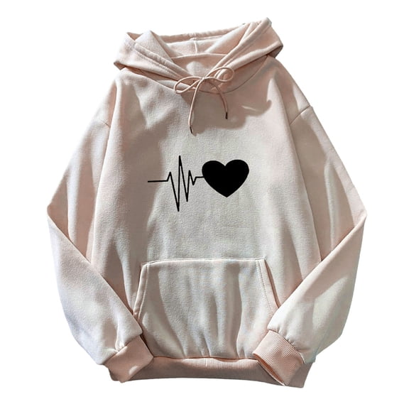 comerut Unisex Fall Winter Hoodie Heart Print Hooded Loose Drawstring Long Sleeve Pullover Thick Plush Warm Elastic Cuff Big Patch Pocket Casual Hoodie