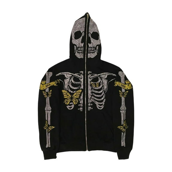 comerut Unisex Halloween Hoodie Rhinestone Ghost Skeleton Pattern Zipper Closure Hooded Pockets Long Sleeves Party Cosplay Costume Fall Winter Jacket