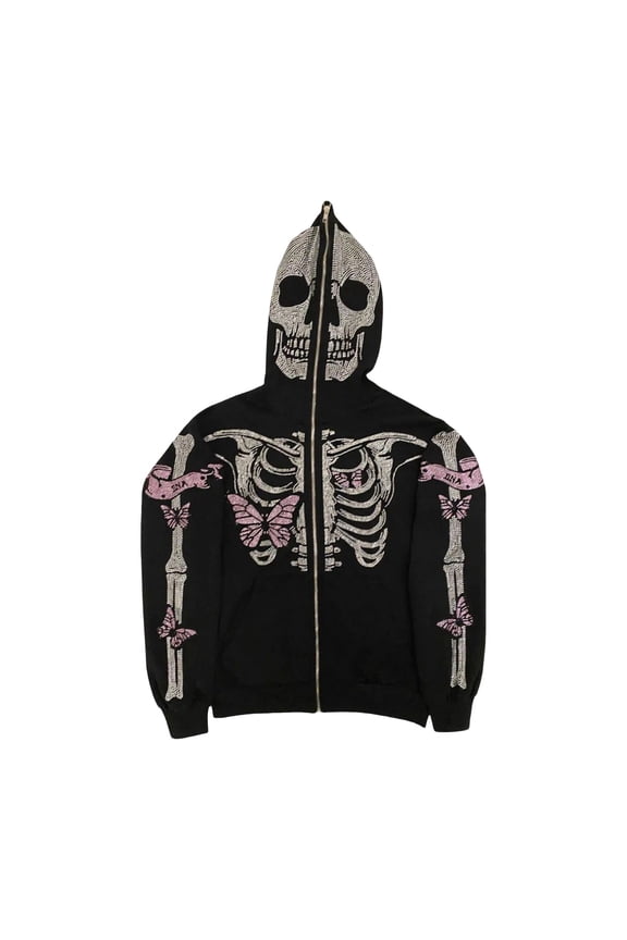 Unisex Halloween Hoodie Rhinestone Ghost Skeleton Pattern Zipper Closure Hooded Pockets Long Sleeves Party Cosplay Costume Fall Winter Jacket