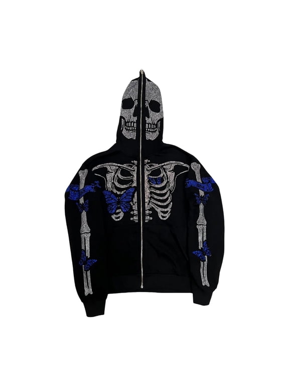 Unisex Halloween Hoodie Rhinestone Ghost Skeleton Pattern Zipper Closure Hooded Pockets Long Sleeves Party Cosplay Costume Fall Winter Jacket