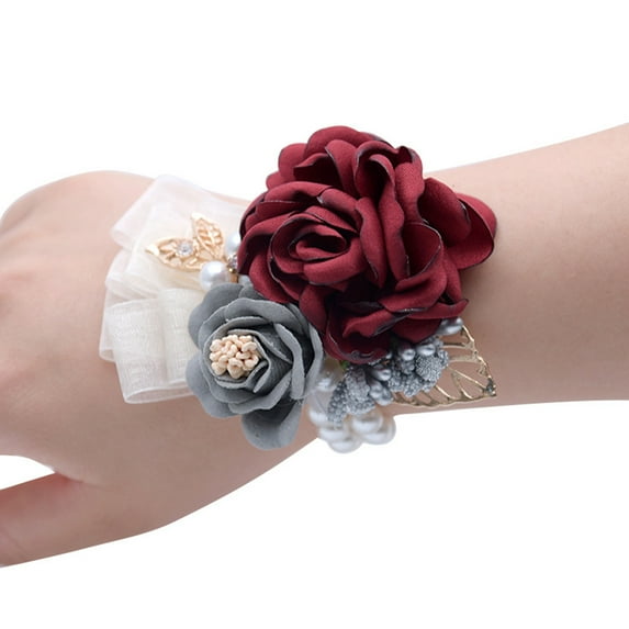 comerut Wedding Bridal Wrist Corsage Bridesmaid Fake Rose Pearl Bracelet Boutonniere