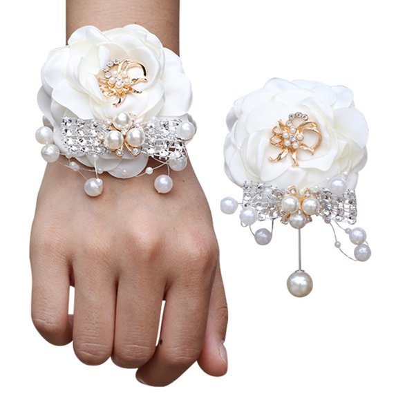 comerut Wedding Wrist Flower Elegant Faux Pearl Rhinestone Design Never Wilt or Fade Wrist Flower for Bridesmaids Groomsmen
