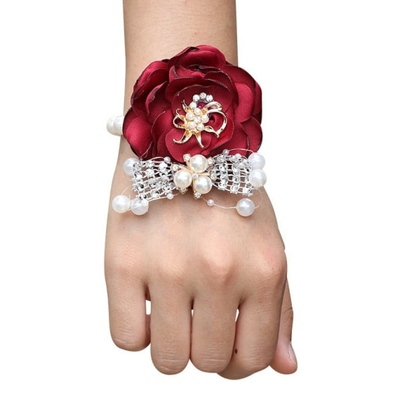 comerut Wedding Wrist Flower Elegant Faux Pearl Rhinestone Design Never Wilt or Fade Wrist Flower for Bridesmaids Groomsmen