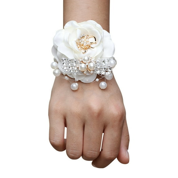 comerut Wedding Wrist Flower Elegant Faux Pearl Rhinestone Design Never Wilt or Fade Wrist Flower for Bridesmaids Groomsmen