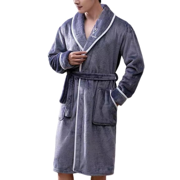comerut Winter Bathrobe Lengthened Fleece Pockets Thicken Soft Keep Warm Contrast Color Turn-down Collar Winter Nightgown for Home