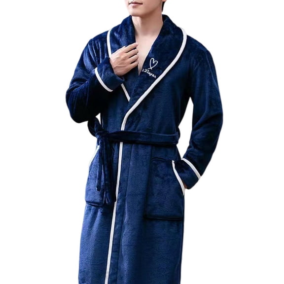 comerut Winter Bathrobe Lengthened Fleece Pockets Thicken Soft Keep Warm Contrast Color Turn-down Collar Winter Nightgown for Home