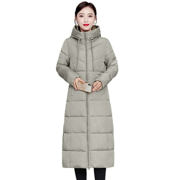 comerut Winter Down Coat Hooded Solid Color Thicken Long Sleeves Pockets Keep Warm Thick Padded Plus Size Women Winter Coat for Outdoor
