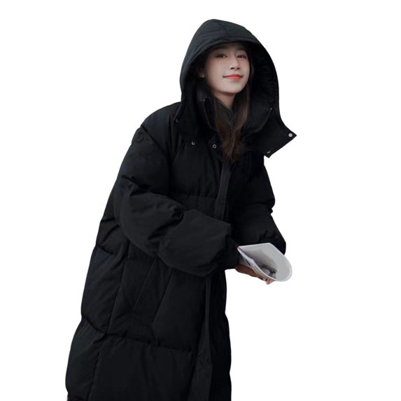 comerut Winter Down Coat Zipper Hooded Solid Color Midi Length Cardigan Keep Warm Padded Stand Collar Women Winter Coat for Outdoor
