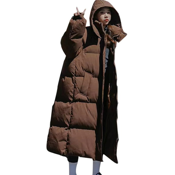 comerut Winter Down Coat Zipper Hooded Solid Color Midi Length Cardigan Keep Warm Padded Stand Collar Women Winter Coat for Outdoor