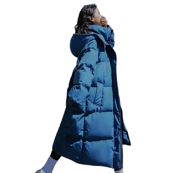 comerut Winter Down Coat Zipper Hooded Solid Color Midi Length Cardigan Keep Warm Padded Stand Collar Women Winter Coat for Outdoor