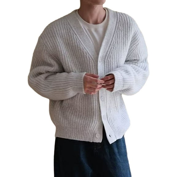 comerut Winter Fall Men Cardigan Sweater Single-breasted V Neck Buttons Thick Knitted Long Sleeve Solid Color Elastic Warm Soft Casual Sweater Coat