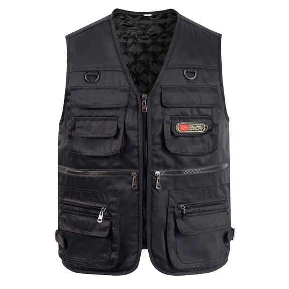 comerut Winter Fishing Vest Multi Pockets Sleeveless Solid Color Thicken V Neck Keep Warm Cardigan Plus Size Men Winter Vest for Trip