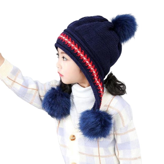 comerut Winter Kids Beanie Hat Three Pompom Thicken Warm Ear Protection Children's Knitted Hat for 2-7T Boys Girls Baby Accessories