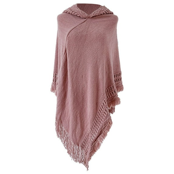 comerut Women Autumn Cape Tassel Loose Knitting Solid Color Irregular Hem Warm Hooded Bohemia Fringed Lady Cloak for Work