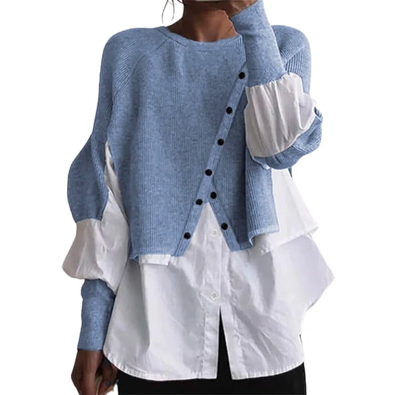 comerut Women Autumn Sweater Long Sleeves Irregular Button Decoration Loose Color Matching Warm Patchwork Crew Neck Autumn Blouse Female Clothes