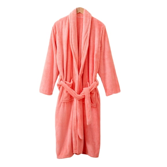 comerut Women Autumn Winter Flannel Coral Bathrobe Lapel Long Sleeve Belt Bath Robe Couple Warm Thermal Fleece Sleepwear Rope