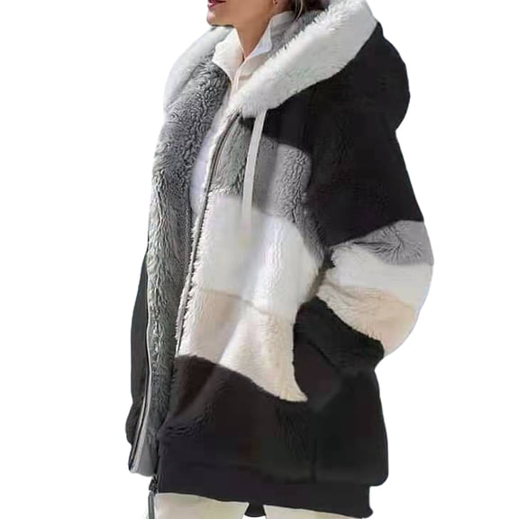 comerut Women Autumn Winter Long Sleeve Color Block Zipper Fluff Hooded Warm Coat Jacket