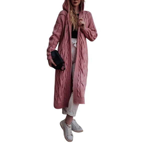 comerut Women Cardigan Long Style Loose Fit Solid Color Hooded Front Open Warm Autumn Winter Twist Design Knit Coat for Daily Wear
