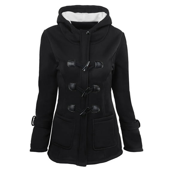 comerut Women Coat Long Sleeve Pockets Zipper Buttons Double Placket Slim Fit Thickened Coldproof Warm Winter Hooded Fleece Lined Mid-Length Casual Overcoat Daily Clothing