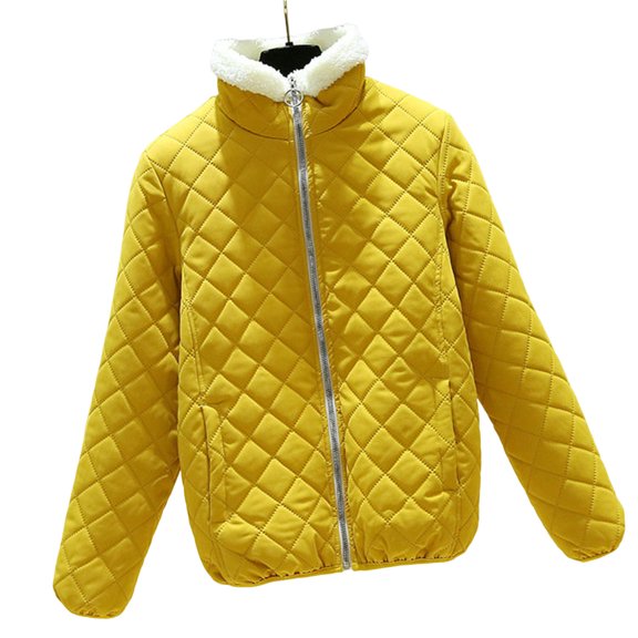 comerut Women Coat Rhombus Plaid Long Sleeve Stand Collar Plush Lining Zipper Closure Keep Warm Solid Color Autumn Winter Lady Jacket Coat Clothing for Outdoor