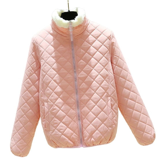 comerut Women Coat Rhombus Plaid Long Sleeve Stand Collar Plush Lining Zipper Closure Keep Warm Solid Color Autumn Winter Lady Jacket Coat Clothing for Outdoor