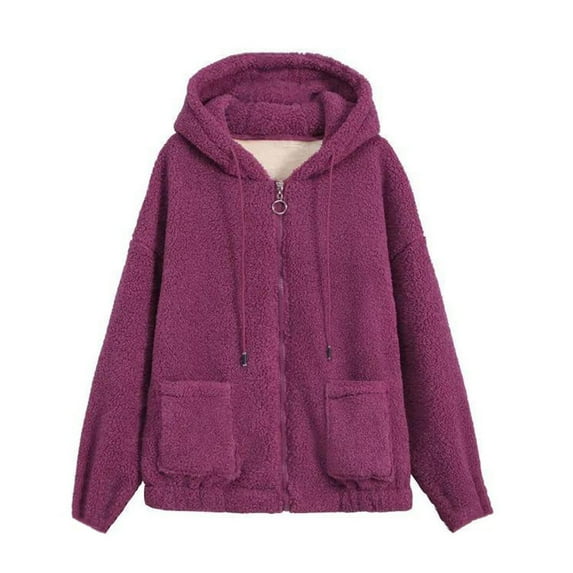 comerut Women Coat Thick Solid Color Pockets Long Sleeves Loose Warm Plush Zipper Cardigan Winter Jacket for Outdoor
