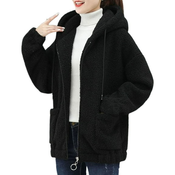 comerut Women Coat Thick Solid Color Pockets Long Sleeves Loose Warm Plush Zipper Cardigan Winter Jacket for Outdoor