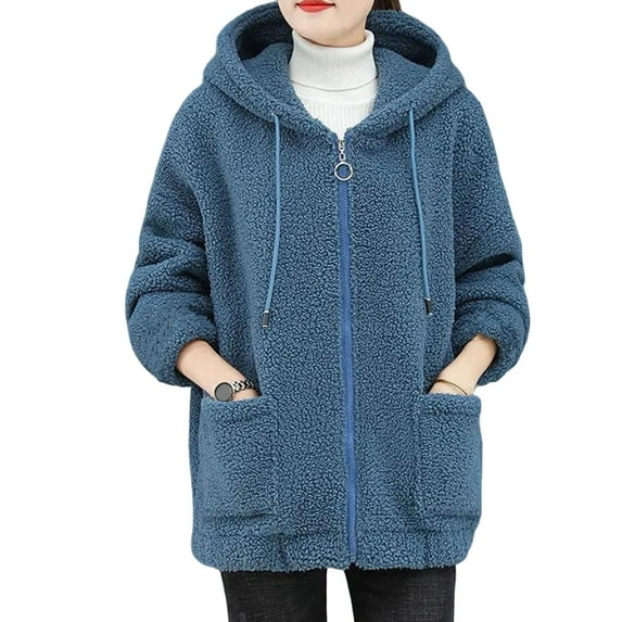 comerut Women Coat Thick Solid Color Pockets Long Sleeves Loose Warm Plush Zipper Cardigan Winter Jacket for Outdoor