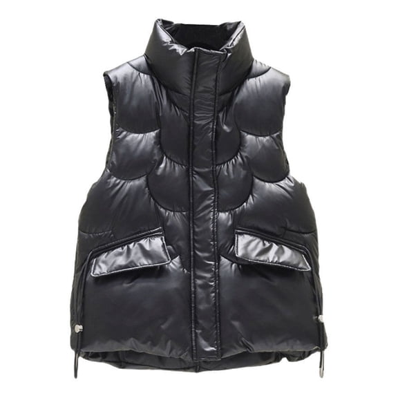 comerut Women Down Cotton Vest Autumn Winter Sleeveless Stand Collar Dual Pockets Zipper Casual Loose Elegant Shiny Solid Color Warm Ladies Waistcoat Top