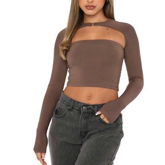 comerut Women Crop Top Solid Color Hollow Out Slim Fit Long Sleeves Round Neck Warm Soft Short Pattern Lady Spring Top Women Clothing