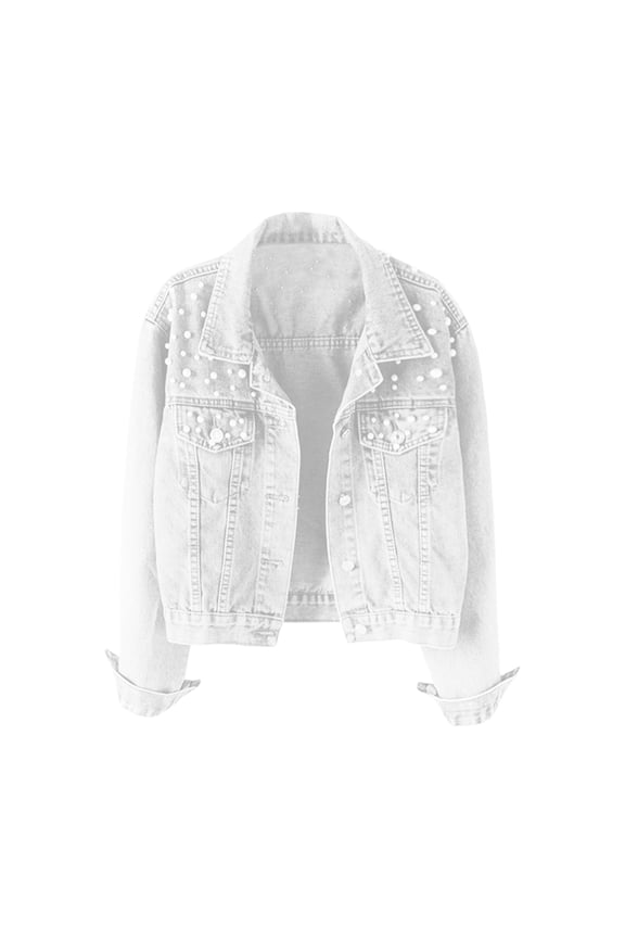 Women Denim Jacket Solid Color Single-breasted Short Breathable Keep Warm Beads Decor Long Sleeves Cardigan Imitation Pearl Autumn Coat Female Clothes