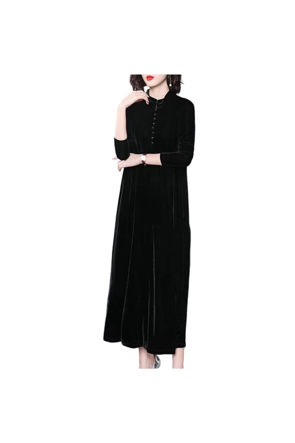 Women Fall Dress Solid Color Loose Long Sleeves Button Maxi Dress Keep Warm Velvet Plus Size Mom Spring Dress Women Clothes