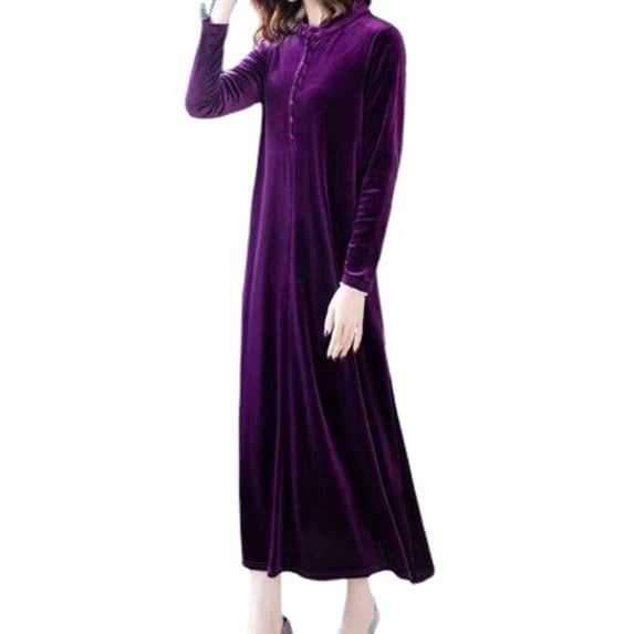 comerut Women Fall Dress Solid Color Loose Long Sleeves Button Maxi Dress Keep Warm Velvet Plus Size Mom Spring Dress Women Clothes