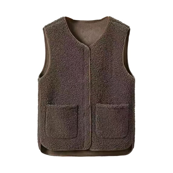 comerut Women Fall Spring Vest Round Neck Thick Fleece Pockets Solid Color Sleeveless Zipper Closure Retro Warm Office Street Home Vacation Layering Waistcoat