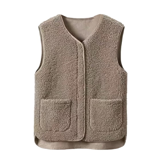comerut Women Fall Spring Vest Round Neck Thick Fleece Pockets Solid Color Sleeveless Zipper Closure Retro Warm Office Street Home Vacation Layering Waistcoat