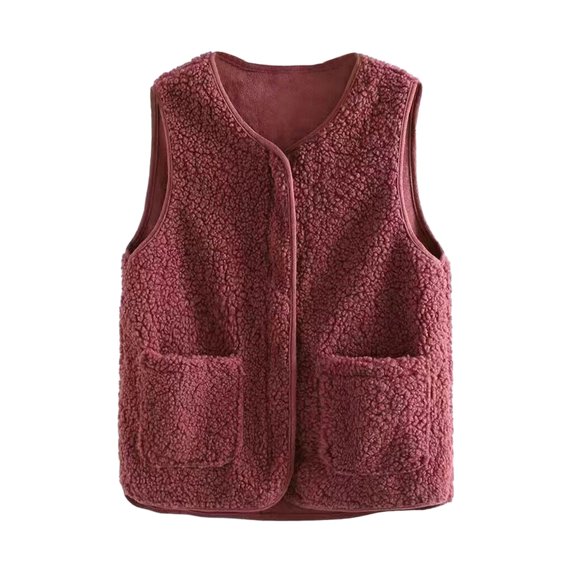 comerut Women Fall Spring Vest Round Neck Thick Fleece Pockets Solid Color Sleeveless Zipper Closure Retro Warm Office Street Home Vacation Layering Waistcoat