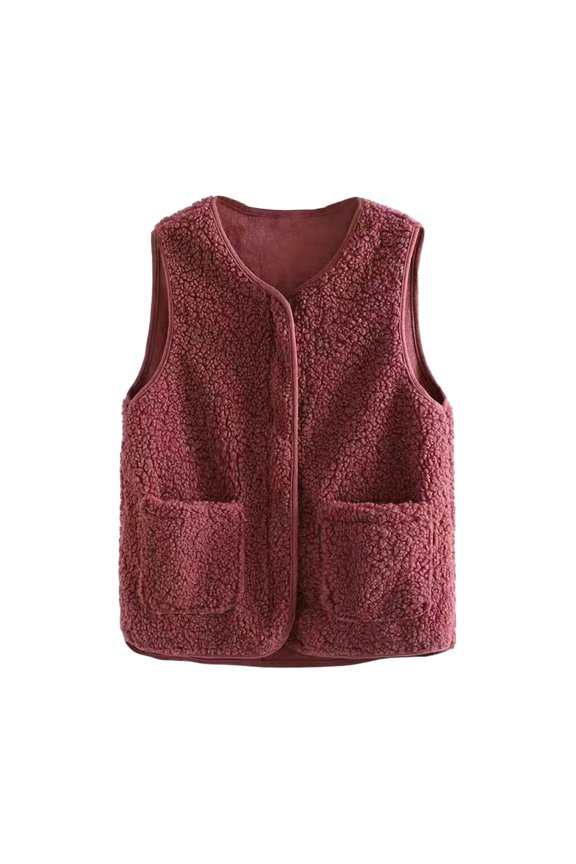 Women Fall Spring Vest Round Neck Thick Fleece Pockets Solid Color Sleeveless Zipper Closure Retro Warm Office Street Home Vacation Layering Waistcoat