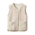 thumbnail image 1 of comerut Women Fall Spring Vest Round Neck Thick Fleece Pockets Solid Color Sleeveless Zipper Closure Retro Warm Office Street Home Vacation Layering Waistcoat, 1 of 8