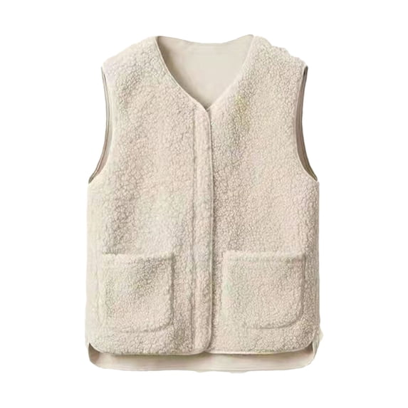 comerut Women Fall Spring Vest Round Neck Thick Fleece Pockets Solid Color Sleeveless Zipper Closure Retro Warm Office Street Home Vacation Layering Waistcoat