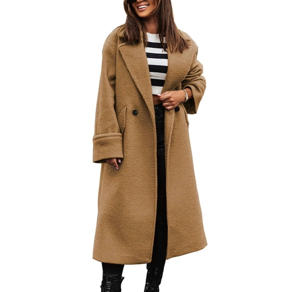 comerut Women Fall Winter Coat Lapel Loose Long Style Solid Color Thick Cardigan Warm Windproof Pockets Double Buttons Long Sleeve Lady Overcoat Outwear