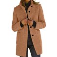 thumbnail image 1 of comerut Women Fall Winter Coat Stand Collar Neck Protection Thick Solid Color Warm Windproof Mid Length Single-breasted Cardigan Long Sleeve Lady Overcoat, 1 of 8